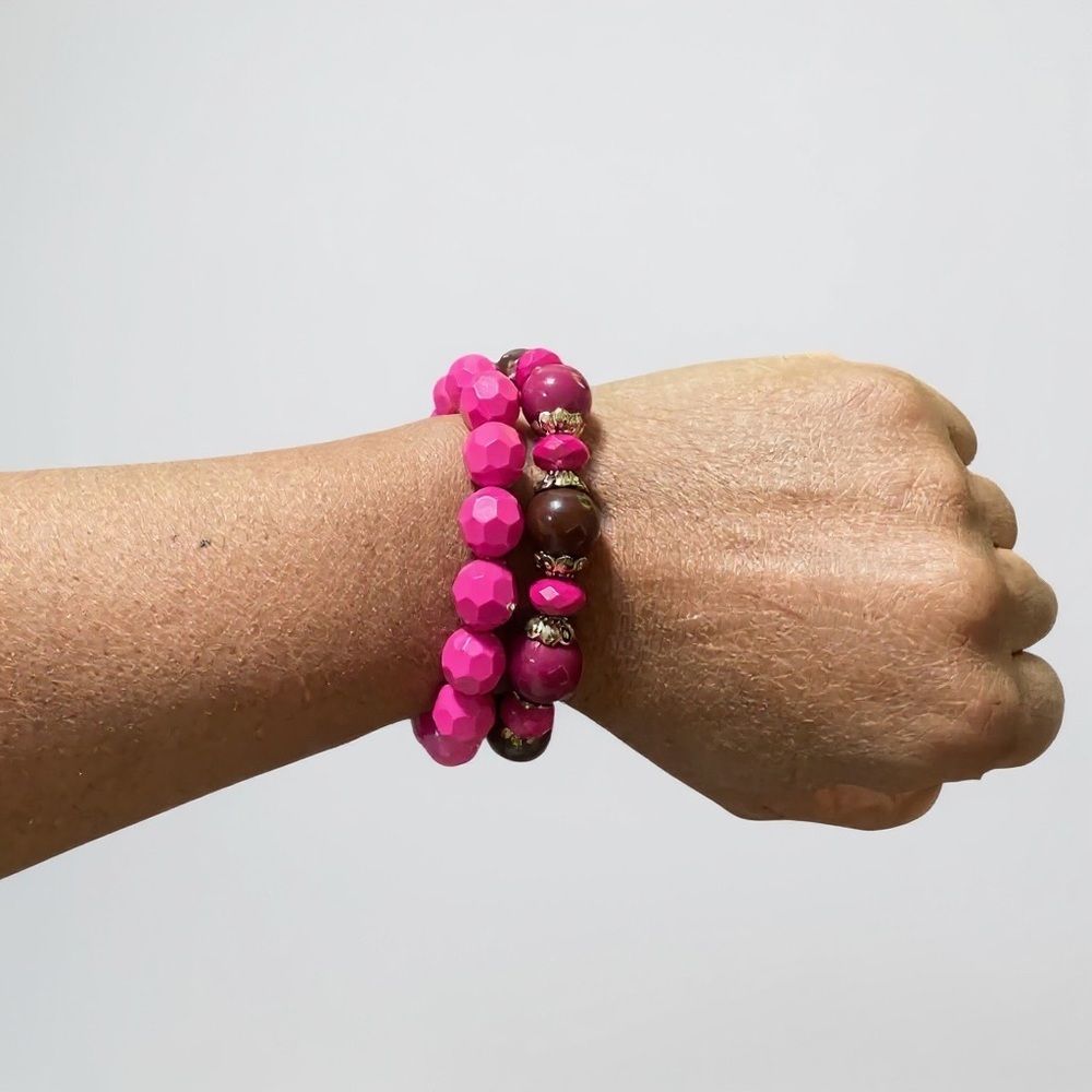 Pink and Brown Stretch Beaded Bracelet Set